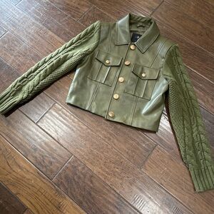 7 For All Mankind Olive Leather Jacket with Knit Sleeves